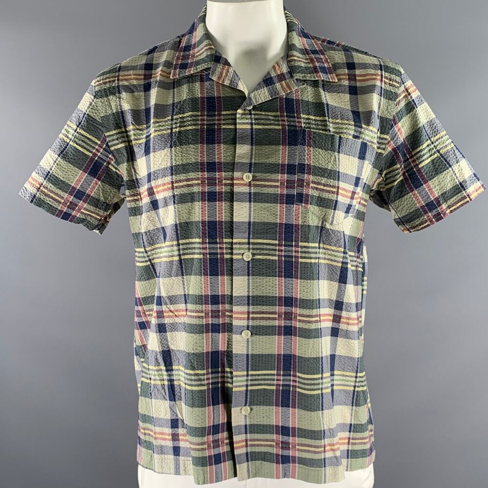 RRL Size L Blue Green Plaid Cotton Seersucker Camp Short Sleeve Shirt